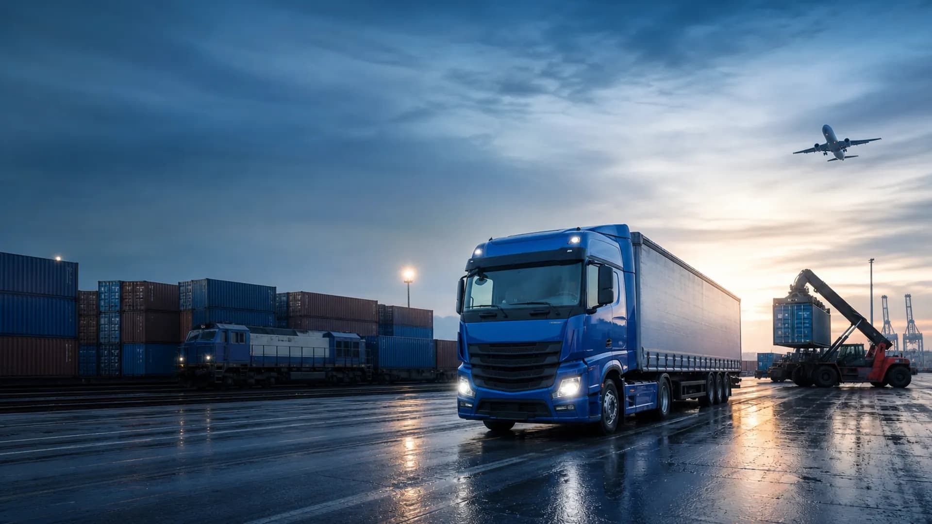 Blauer Lkw in einem intermodalen Güterterminal